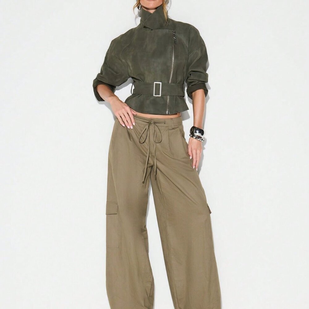 Army Green Casual Women's Suedette Biker Jacket - Picture 3 of 7